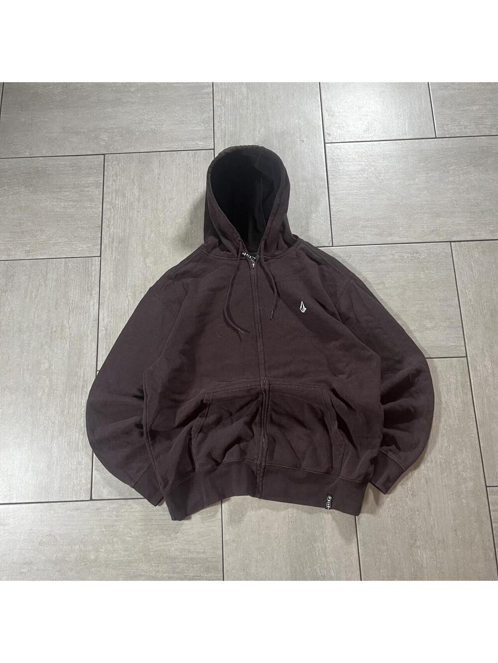 Volcom Mens Full Zip Hoodie Brown Fleece Lined Skater Sweatshirt Large